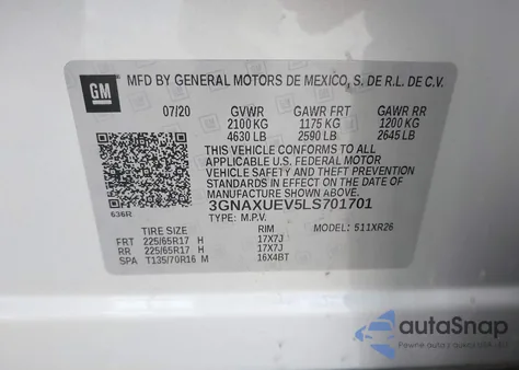 2020 Chevrolet Equinox Awd Lt 1.5L Turbo z USA, uszkodzony, nr VIN 3GNAXUEV5LS701701